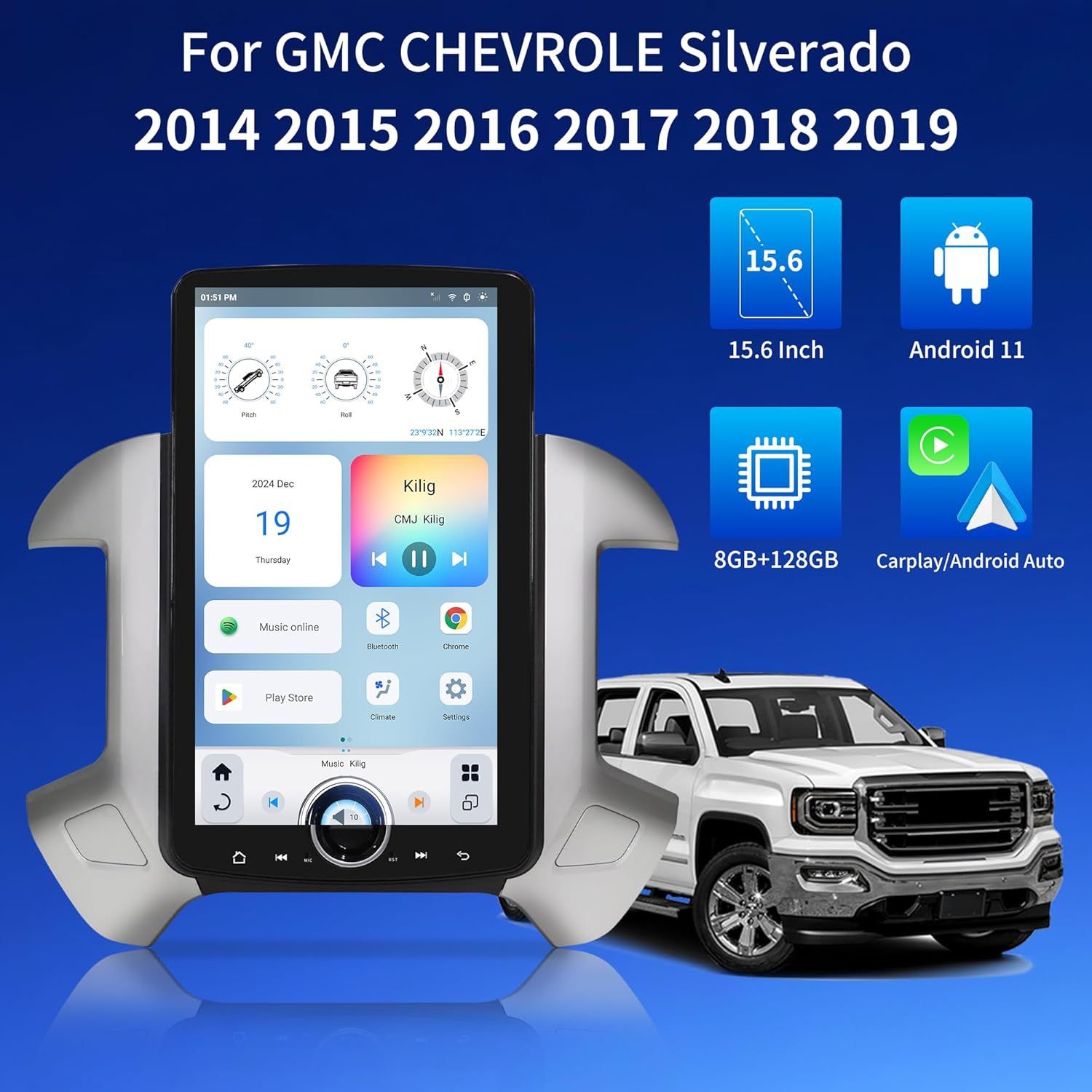 2014-2019 GM Trucks XL “T”-Style Car Radio Replacement with 15.6" Screen Android 11 Carplay FM/AM Bluetooth Support Rear Camera