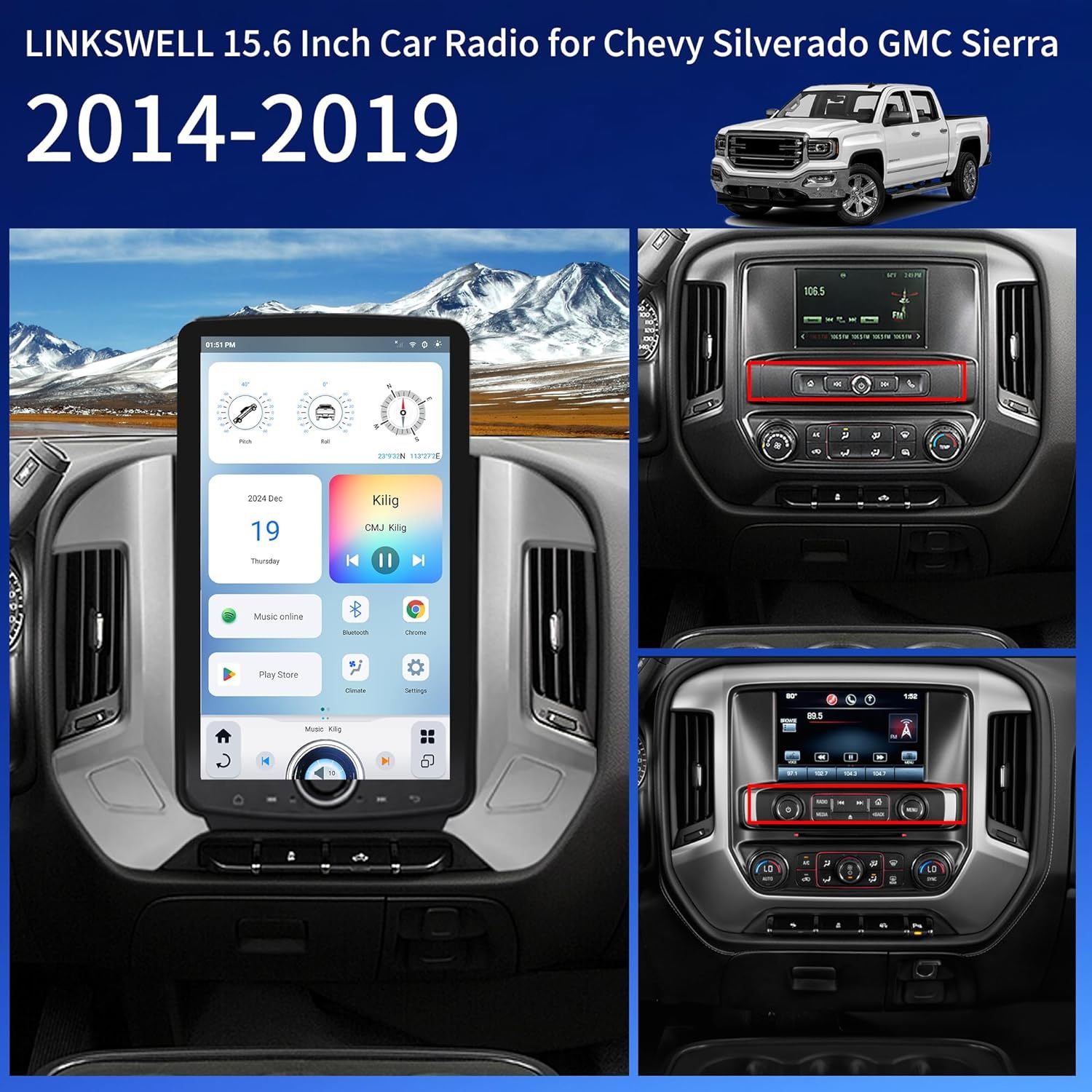 2014-2019 GM Trucks XL “T”-Style Car Radio Replacement with 15.6" Screen Android 11 Carplay FM/AM Bluetooth Support Rear Camera